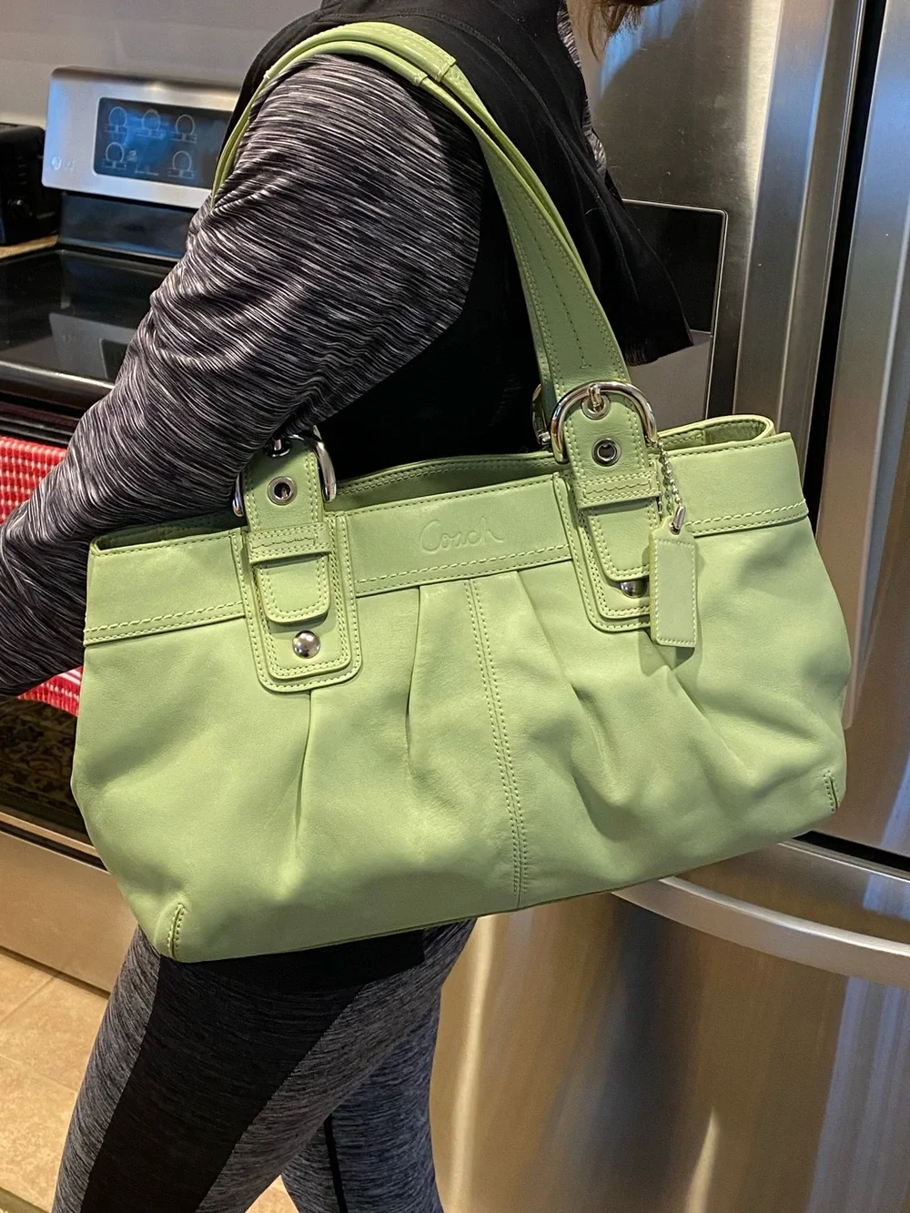 Coach Shoulder Leather Bag Purse Green F13732 Silver Colored Hardware - Picture 3 of 17